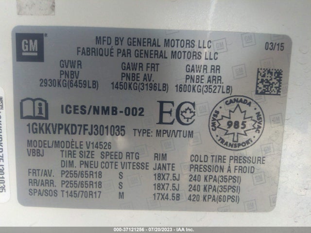 GMC ACADIA SLE 2015 1GKKVPKD7FJ301035 Image 9