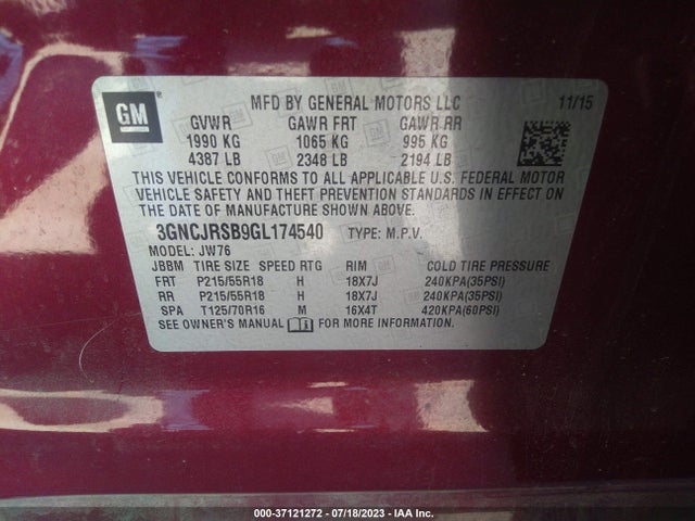 Chevrolet TRAX LTZ 2016 3GNCJRSB9GL174540 Image 9