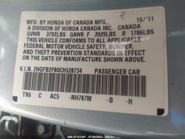 2012 HONDA CIVIC SDN EX VIN: 2HGFB2F80CH528734