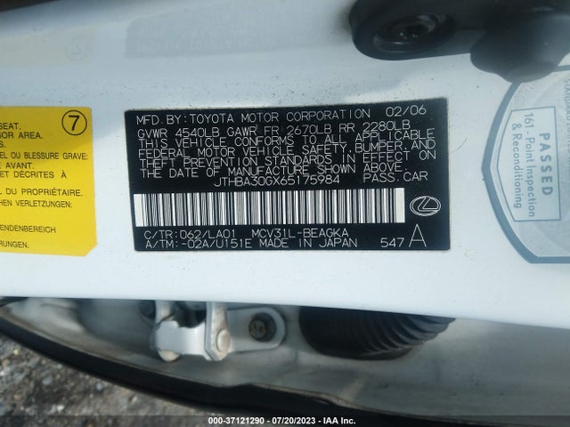 2006 LEXUS ES 330 VIN: JTHBA30GX65175984