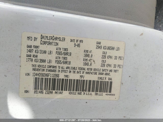 2006 DODGE DURANGO LIMITED VIN: 1D4HD58206F112266