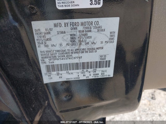 2007 FORD F-150 XLT/FX4/LARIAT/KING RANCH VIN: 1FTPW14V37KC37797