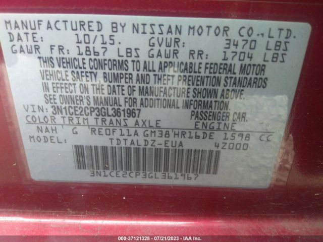 3N1CE2CP3GL361967 Nissan Versa Note S/s Plus/sv/sr/sl
