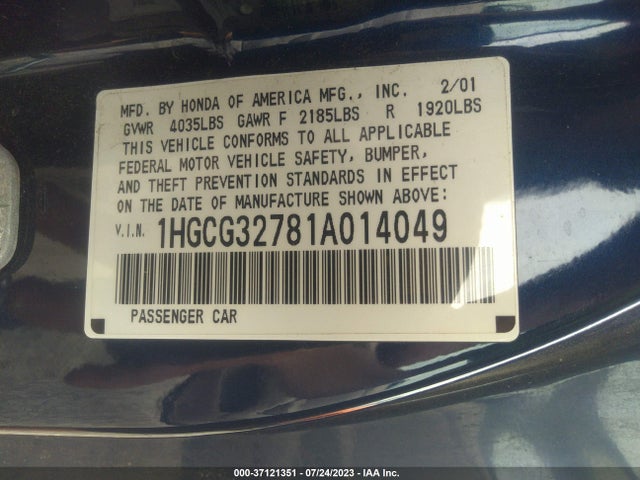 2001 HONDA ACCORD CPE EX VIN: 1HGCG32781A014049