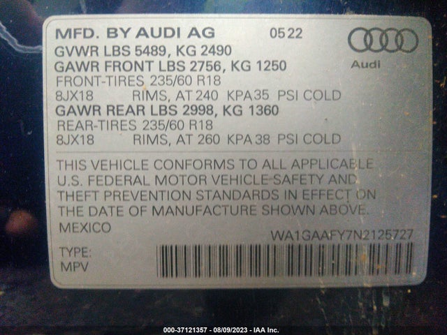 WA1GAAFY7N2125727 Audi Q5 S Line Premium