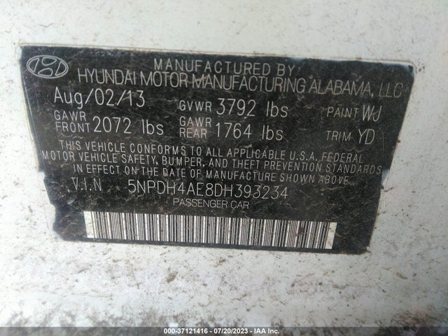 2013 HYUNDAI ELANTRA GLS VIN: 5NPDH4AE8DH393234