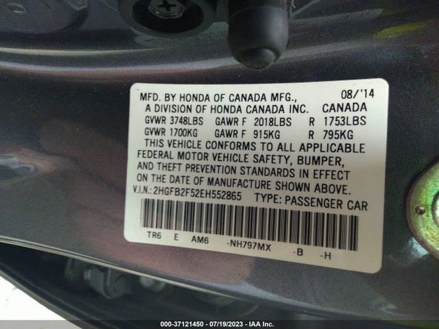 2014 HONDA CIVIC LX VIN: 2HGFB2F52EH552865