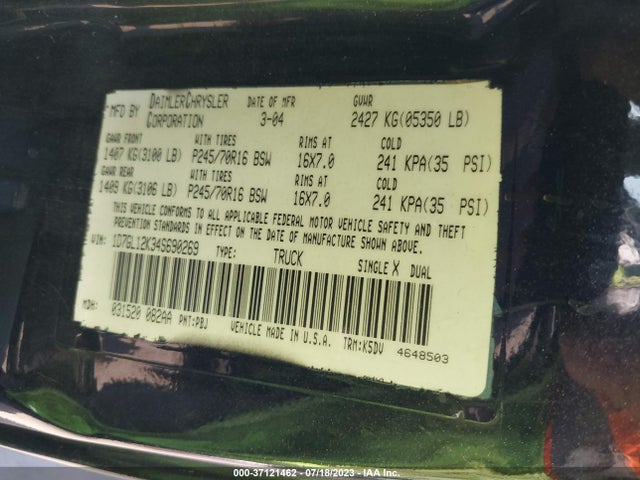 2004 DODGE DAKOTA BASE VIN: 1D7GL12K34S690269