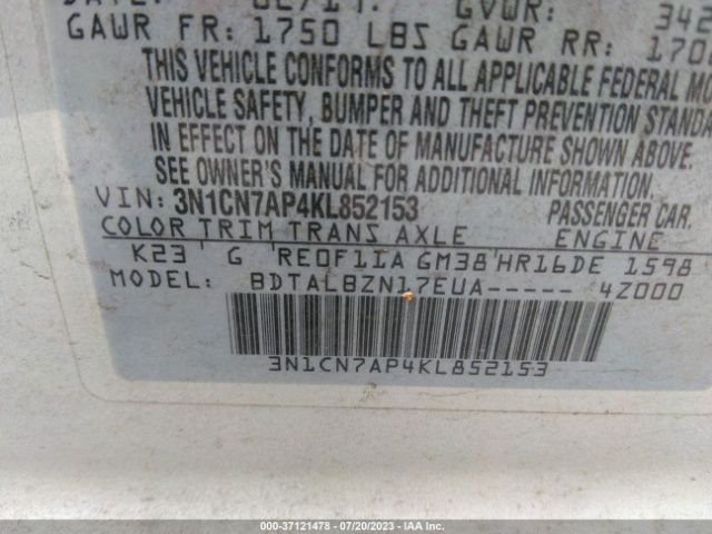 3N1CN7AP4KL852153 Nissan Versa Sedan Sv