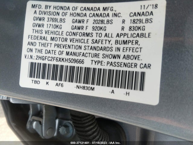 2019 HONDA CIVIC SEDAN LX VIN: 2HGFC2F6XKH509666