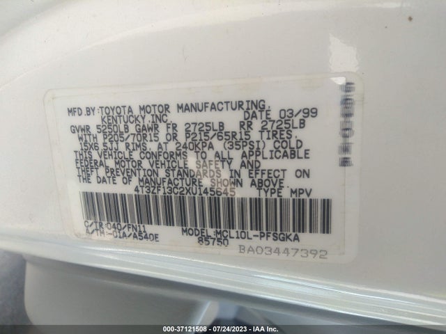 1999 TOYOTA SIENNA LE/XLE VIN: 4T3ZF13C2XU145645