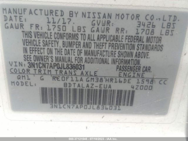 3N1CN7AP0JL836031 Nissan Versa Sedan S Plus