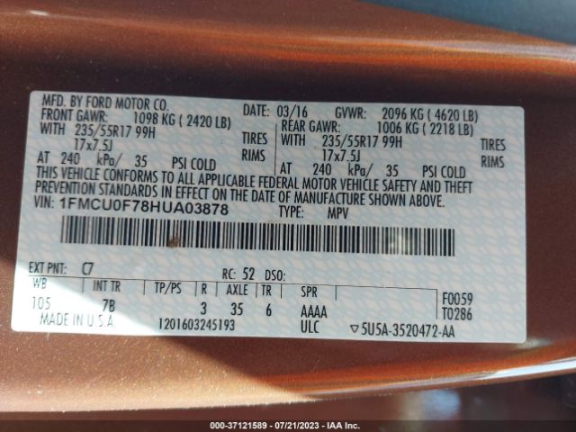 1FMCU0F78HUA03878 Ford ESCAPE S