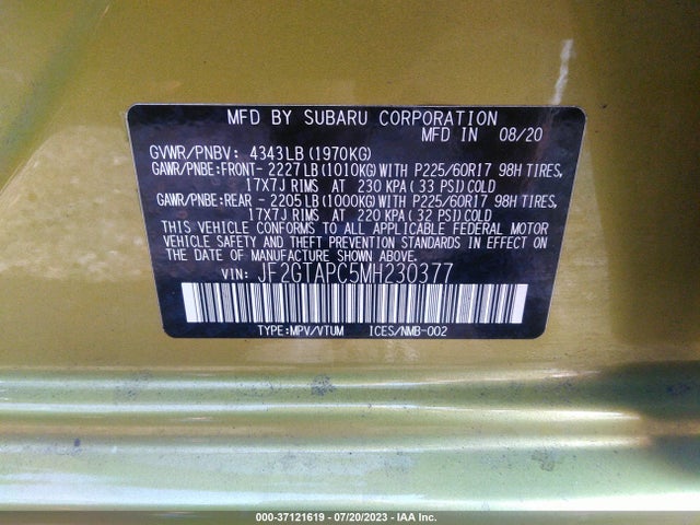 2021 SUBARU CROSSTREK PREMIUM VIN: JF2GTAPC5MH230377