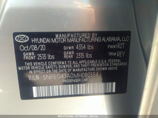 2021 HYUNDAI SONATA SE VIN: 5NPEG4JA0MH080554