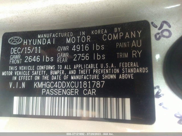 2012 HYUNDAI GENESIS 3.8L VIN: KMHGC4DDXCU181787