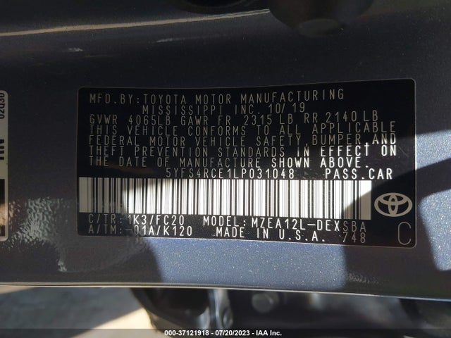37121918 :رقم المزاد ، 5YFS4RCE1LP031048 vin ، 2020 Toyota Corolla Se/nightshade مزاد بيع