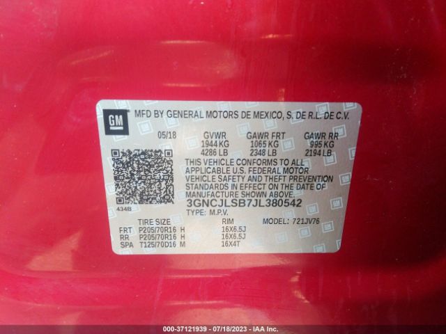 3GNCJLSB7JL380542 Chevrolet Trax Lt