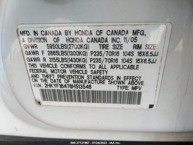 2006 HONDA PILOT EX VIN: 2HKYF18476H513546