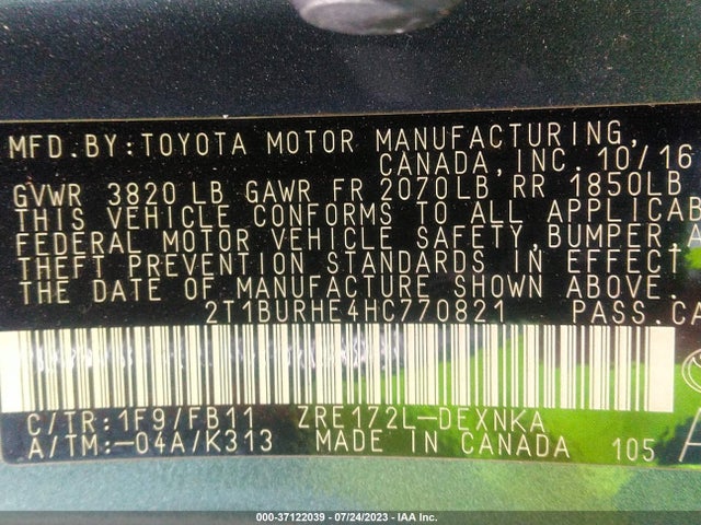 2017 TOYOTA COROLLA LE VIN: 2T1BURHE4HC770821