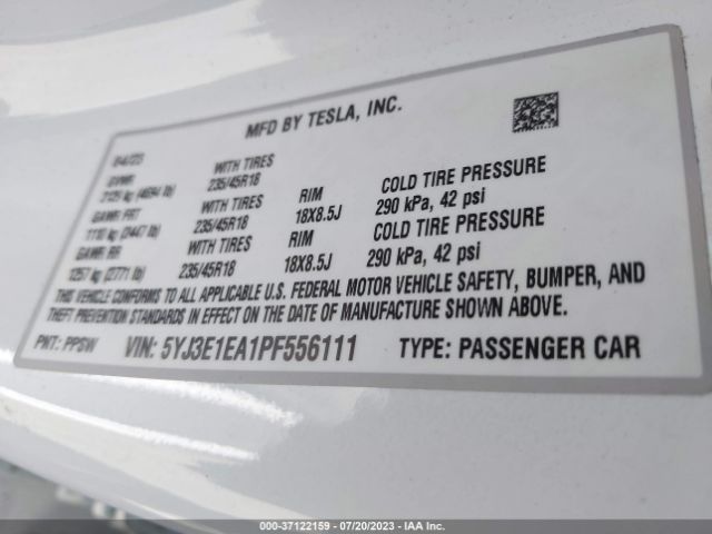 5YJ3E1EA1PF556111 Tesla MODEL 3