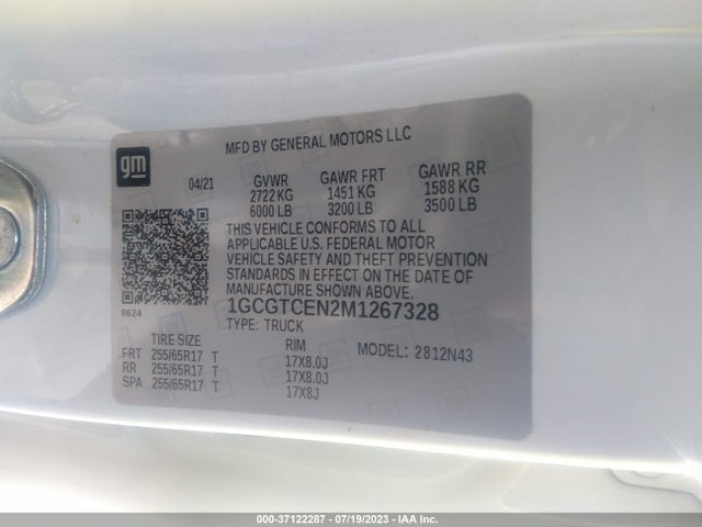 2021 CHEVROLET COLORADO 4WD LT VIN: 1GCGTCEN2M1267328