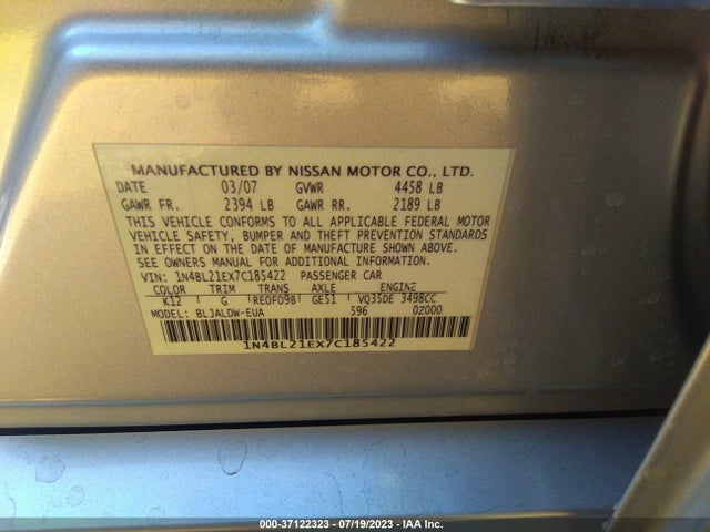 2007 NISSAN ALTIMA 3.5 SE VIN: 1N4BL21EX7C185422