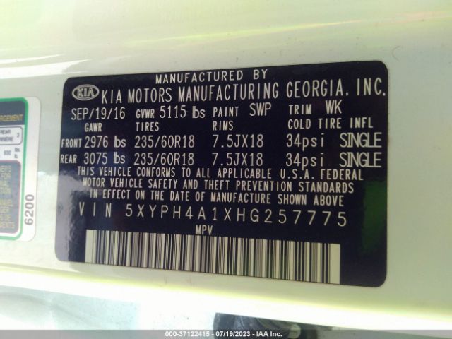 5XYPH4A1XHG257775 KIA SORENTO EX
