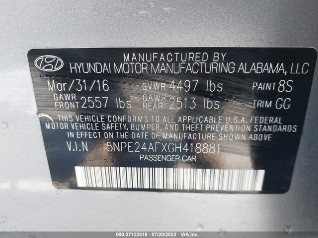 2016 HYUNDAI SONATA 2.4L VIN: 5NPE24AFXGH418881