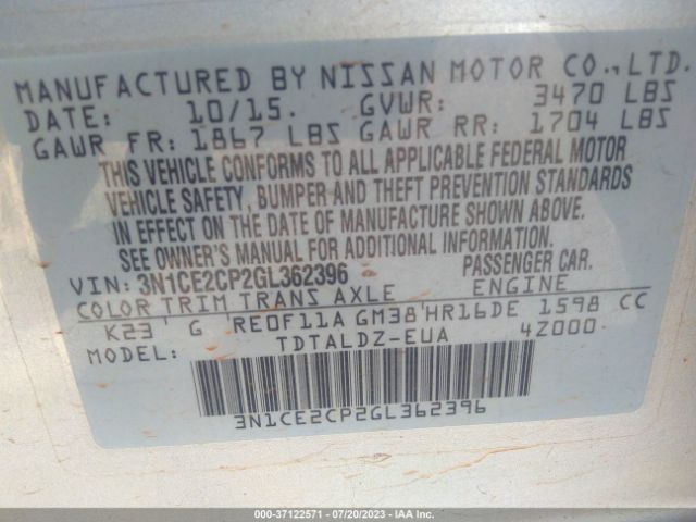 3N1CE2CP2GL362396 Nissan Versa Note S/s Plus/sv/sr/sl