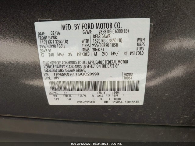 2016 FORD EXPLORER PLATINUM VIN: 1FM5K8HT7GGC20990
