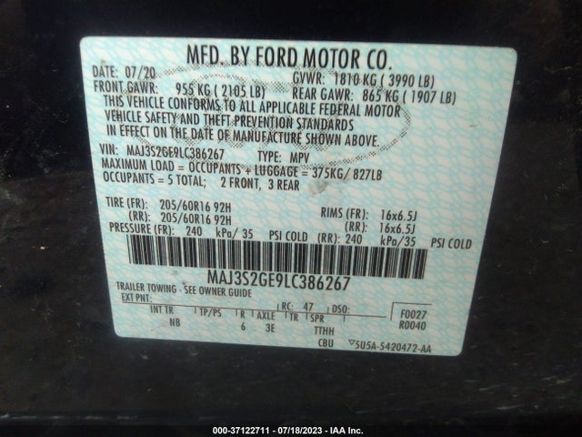 2020 FORD ECOSPORT SE VIN: MAJ3S2GE9LC386267
