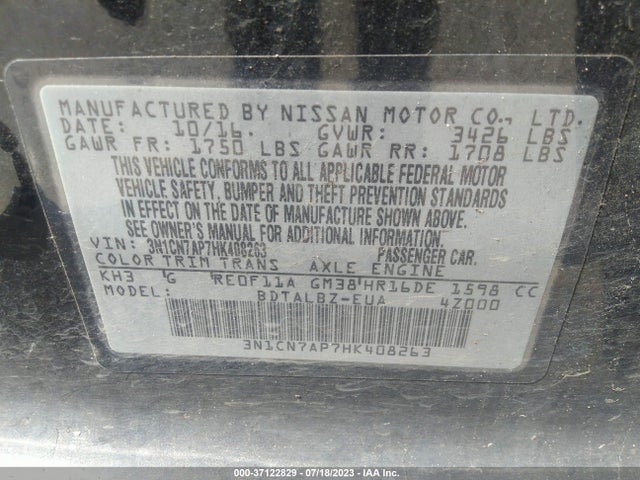 Nissan Versa Sedan Sv 2017 3N1CN7AP7HK408263 Image 9