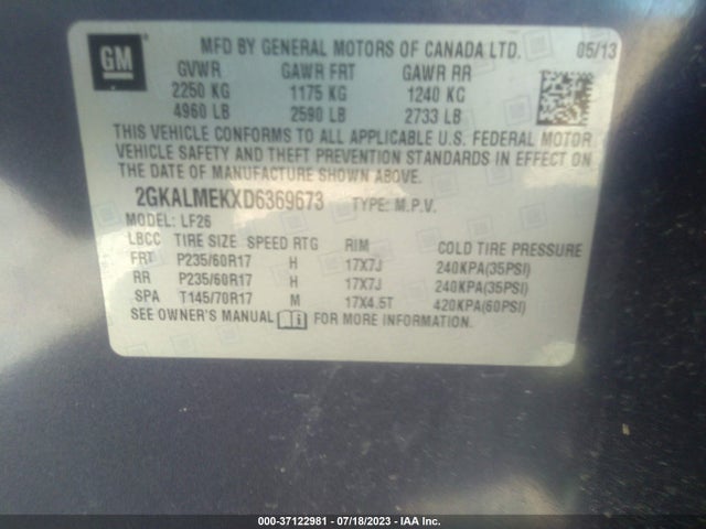 2013 GMC TERRAIN SLE VIN: 2GKALMEKXD6369673