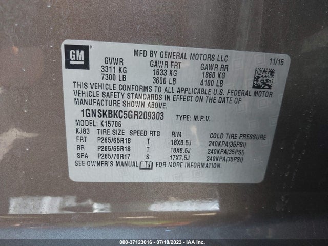Chevrolet Tahoe Lt 2016 1GNSKBKC5GR209303 Image 15