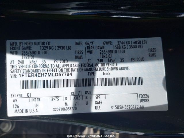 1FTER4EH7MLD57794 Ford Ranger Xl/xlt/lariat