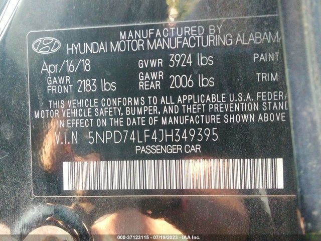 2018 HYUNDAI ELANTRA SE VIN: 5NPD74LF4JH349395