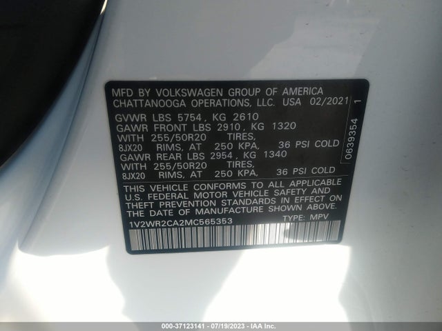 1V2WR2CA2MC565353 Volkswagen Atlas 3.6l V6 Se W/technology