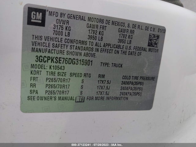 2013 CHEVROLET SILVERADO 1500 LT VIN: 3GCPKSE76DG315901