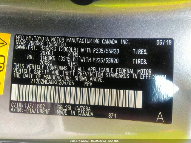2019 Lexus RX, VIN: 2T2BZMCA8KC204785