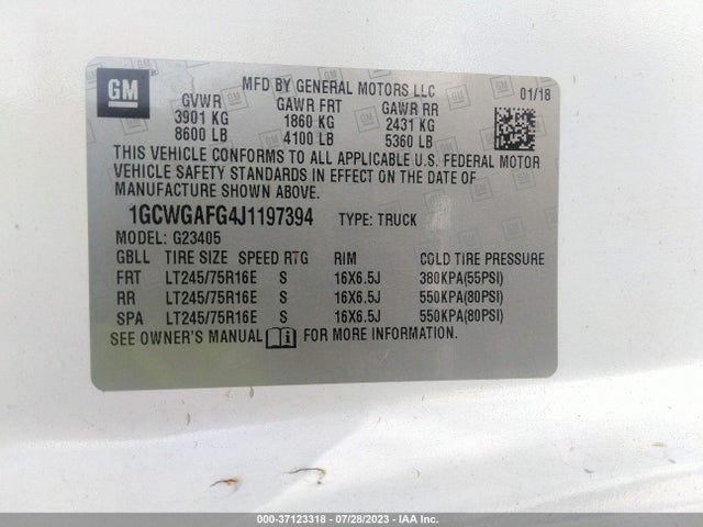 2018 CHEVROLET EXPRESS CARGO VAN VIN: 1GCWGAFG4J1197394