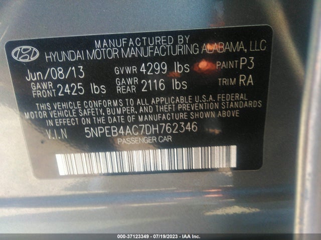 2013 HYUNDAI SONATA GLS PZEV VIN: 5NPEB4AC7DH762346