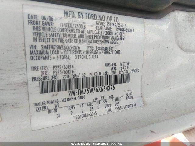 2006 MERCURY GRAND MARQUIS LS VIN: 2MEFM75W76X654376