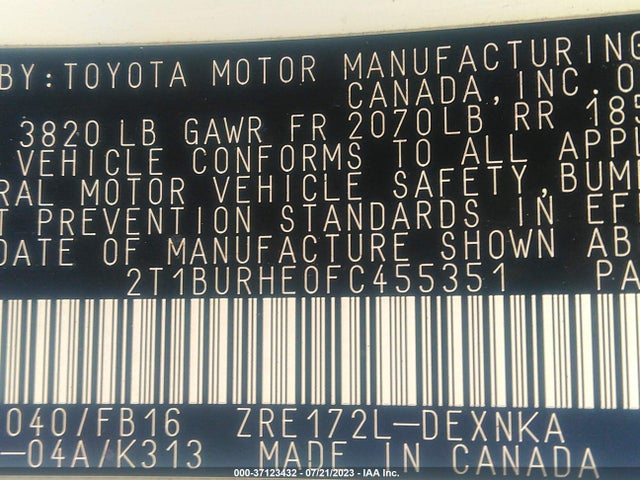2015 TOYOTA COROLLA L/LE/S/S PLUS/LE PLUS VIN: 2T1BURHE0FC455351