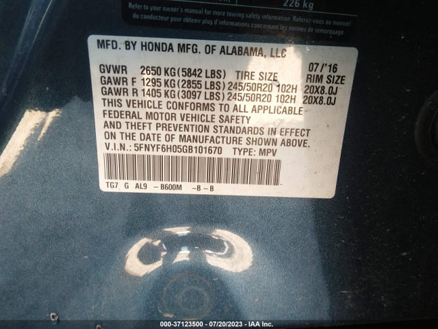 Honda Pilot Elite 2016 5FNYF6H05GB101670 Image 9