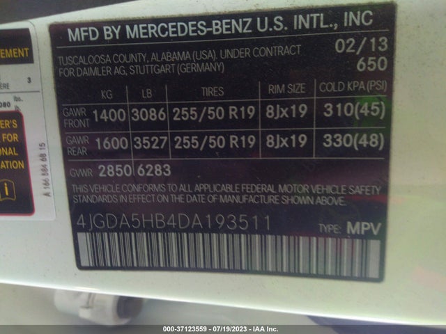 2013 MERCEDES-BENZ M-CLASS ML 350 VIN: 4JGDA5HB4DA193511