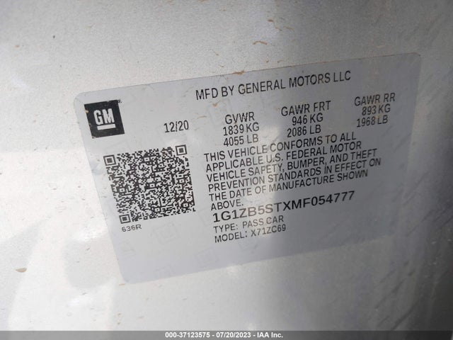 2021 CHEVROLET MALIBU LS VIN: 1G1ZB5STXMF054777