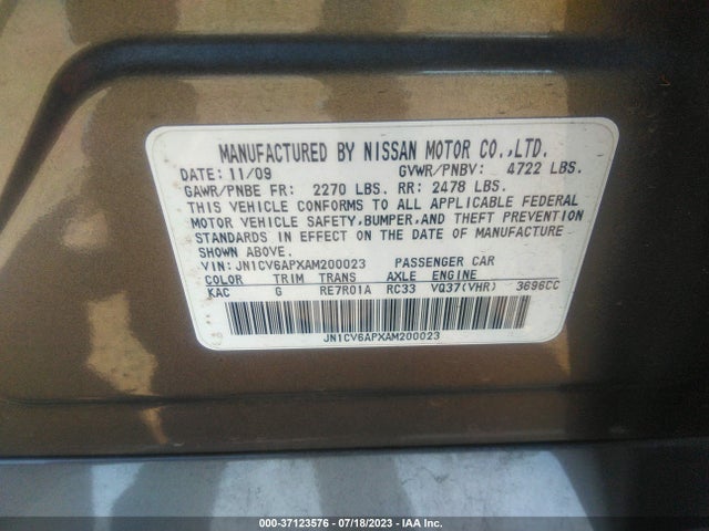 2010 INFINITI G37 SEDAN JOURNEY VIN: JN1CV6APXAM200023