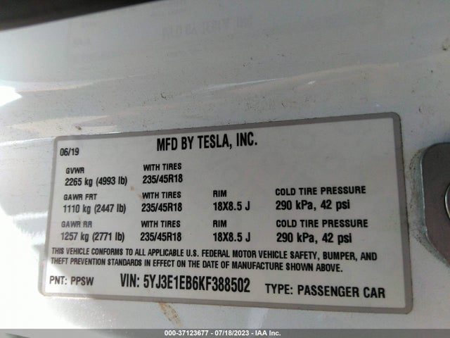 Tesla Model 3 Long Range/performance 2019 5YJ3E1EB6KF388502 Image 16