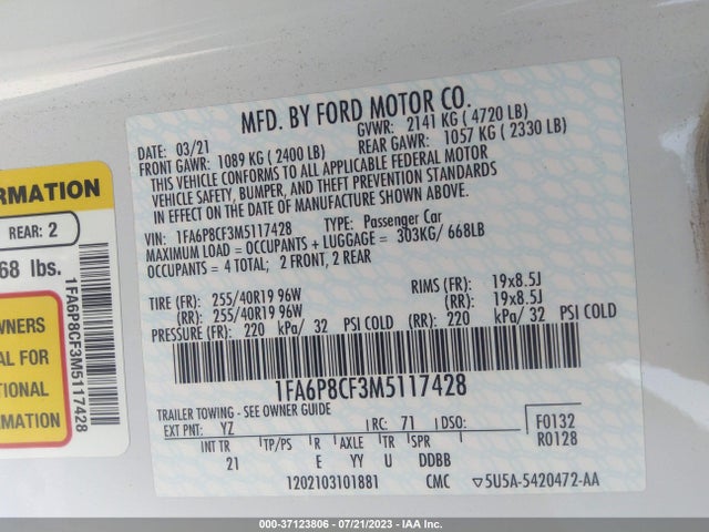 2021 FORD MUSTANG GT VIN: 1FA6P8CF3M5117428